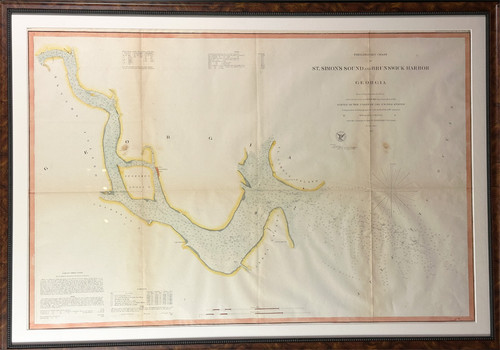 St. Simon's Sound and Brunswick Harbor Coastal Survey/Bashe ca. 1857 original engraving with recent coloring