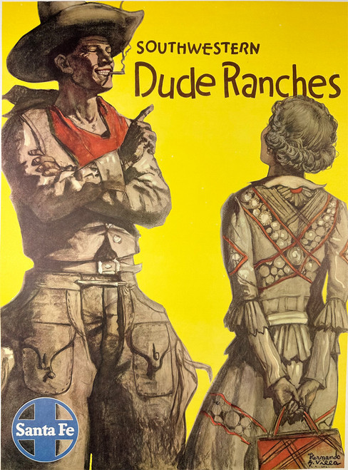 Santa Fe Railroad Southwestern Dude Ranches by Hernando Villa ca. 1949 USA original lithograph on linen vintage poster