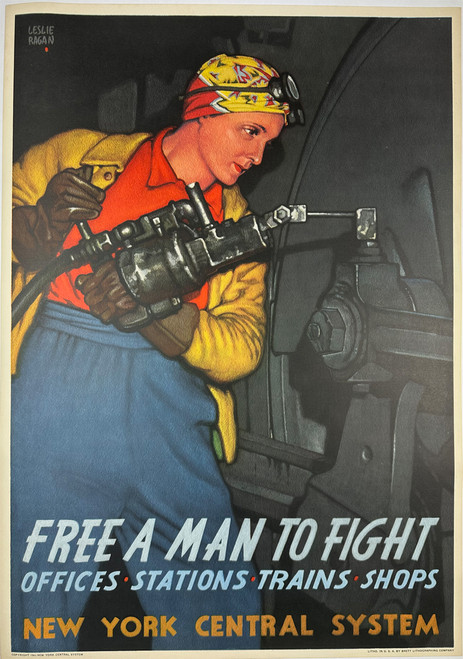 Free A Man to Fight by Leslie Sagan 1943 USA original lithograph on linen vintage poster