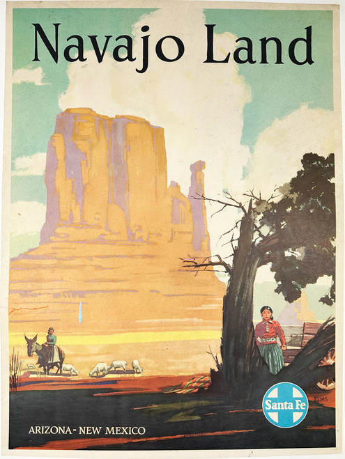 Navajo Land Arizona-New Mexico Sante Fe Railways by Willard Elms ca. 1950 USA original lithograph on linen vintage poster