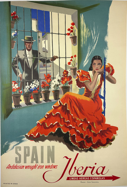 Spain Andalusian Wrought Iron Windows Iberia Airlines ca. 1950s Spain original lithograph on linen vintage poster