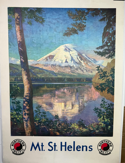Mt. St. Helens and Spirit Lake Northern Pacific by Gustav Krollman 1950 USA original lithograph on linen vintage poster