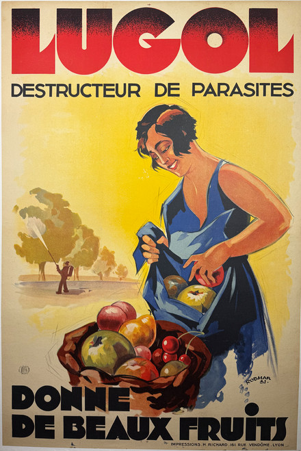 Lugol Destructeur de Parasites by Robmar (Robert Wolfe) 1931 France original stone lithograph on linen vintage poster for growing beautiful fruit