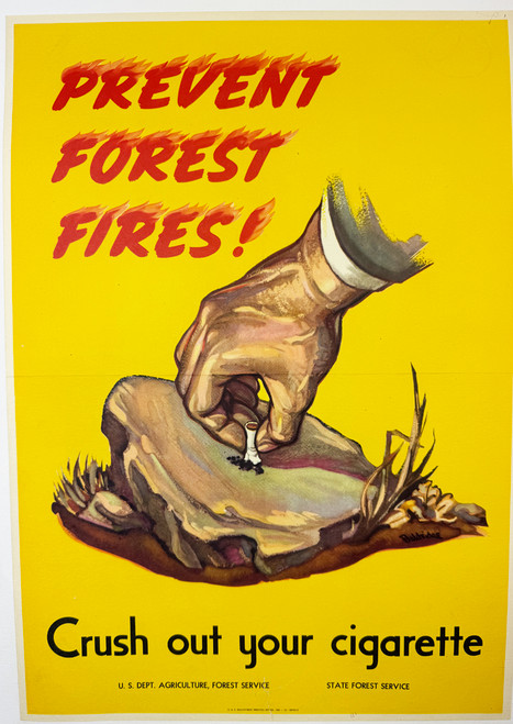 Prevent Forest Fires! Crush out your cigarette by Baldridge USDA Forest Service USA 1944 original lithograph vintage poster