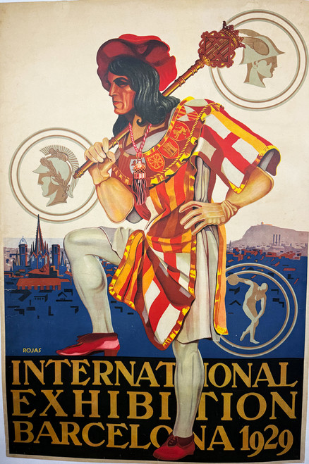 International Exhibition Barcelona 1929 by Rojas Spain original stone lithograph on linen antique poster