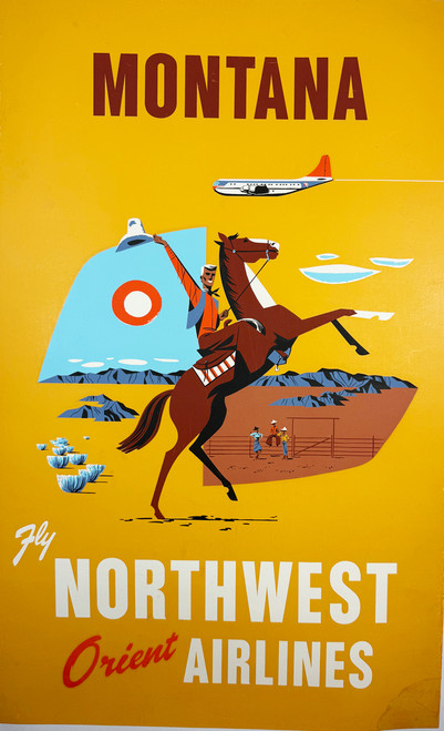 Montana Northwest Oriet Airlines 1950s USA original lithograph on linen vintage poster