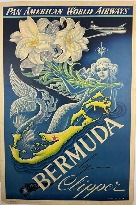 Pan American World Airways Bermuda by Clipper by Boris Artzybasheff 1949 USA original lithograph on linen poster