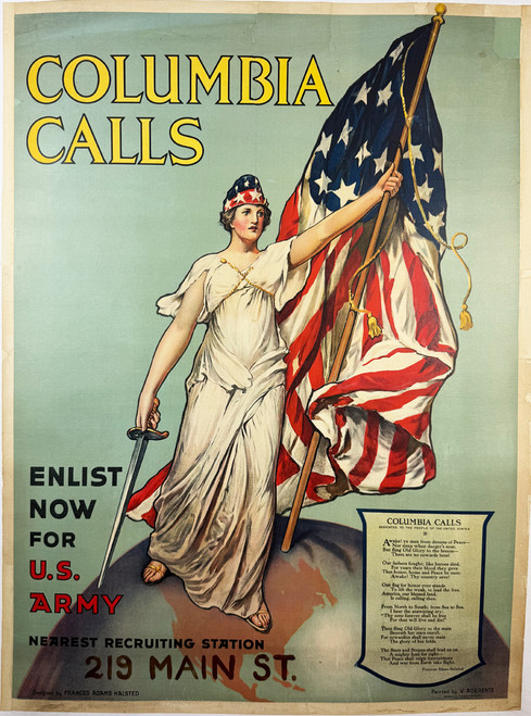 Columbia Calls Enlist Now for U.S. Army by Frances Adams Halstead & Vincent Aderente 1916 USA original stone lithograph on linen antique vintage poster