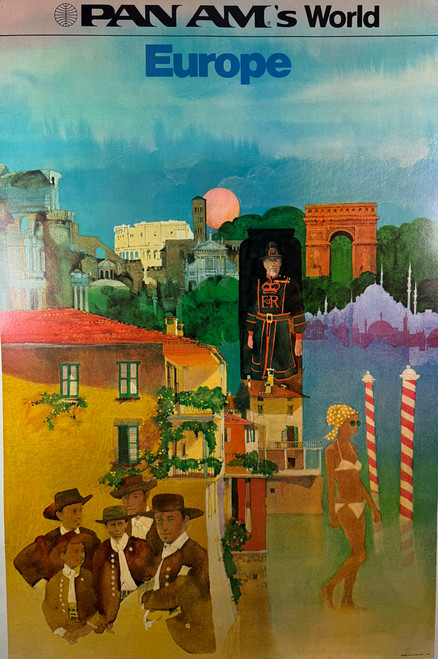 Pan Am's  World Europe 1973 USA original lithograph on linen vintage poster
