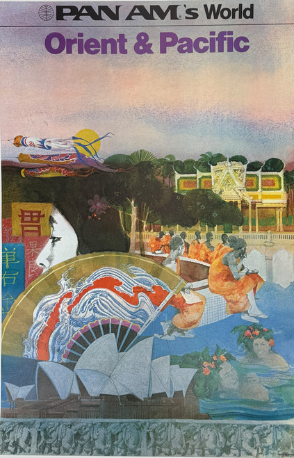 Pan Am's World Orient & Pacific 1973 USA orignal lithograph on linen original vintage poster