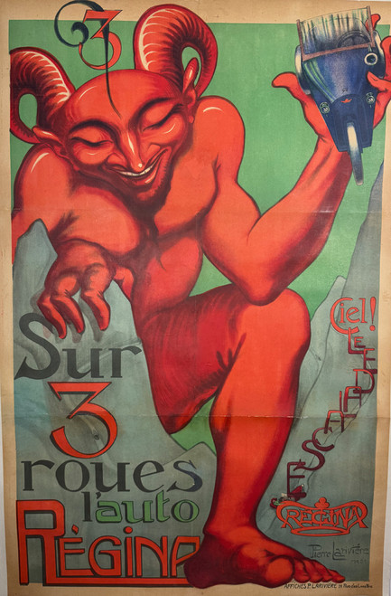 Regina Sur 3 roues l'Atuto by Pierre Lariviere 1921 France original stone lithograph on linen rare antique poster