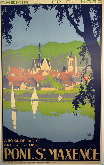 Pont Sste. Maxence by Charles Jean Hallo 1930 France original stone lithograph on linen vintage antique poster