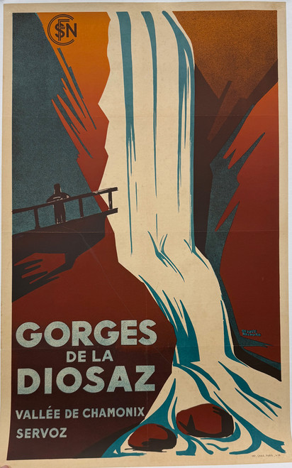 Gorges del la Diosaz Vallee de Chamonix by Denyse Richard 1938 France original stone lithograph on linen vintage poster