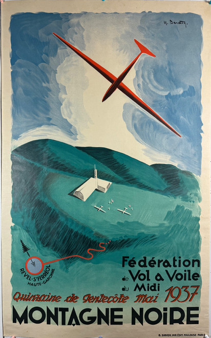 Montagne Noir Glider Port in France Flying Competition by N. Barette 1937 France original lithograph on linen vintage poster