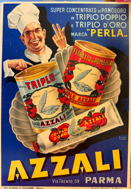 Azzali Tomato products by Emika Italy original lithograph on board antique vintage display piece