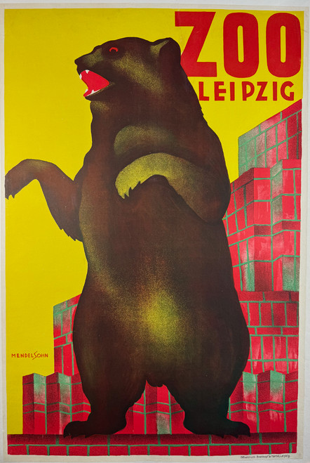 Zoo Leipzig by Mendelssohn ca. 1930s Germany original stone lithograph on linen vintage poster