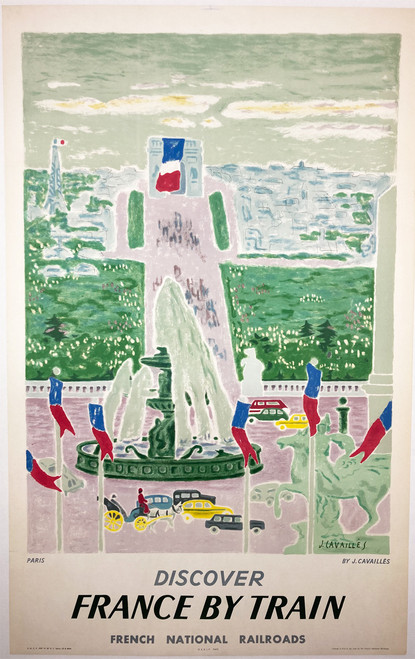 Discover France Paris by Train by J. Cavailles ca.1957 France original lithograph on linen vintage poster