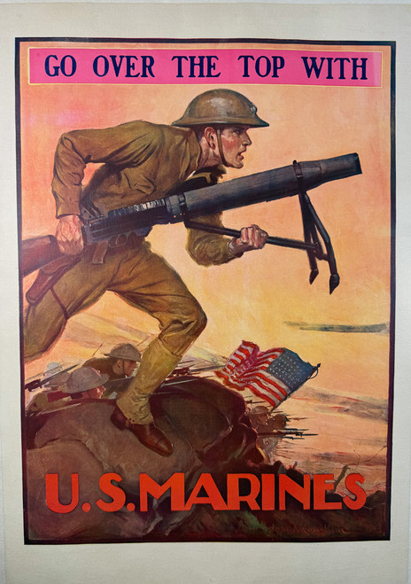 Go Over the Top with US Marines by John Coughlin 1918 USA original stone lithograph on linen antique poster