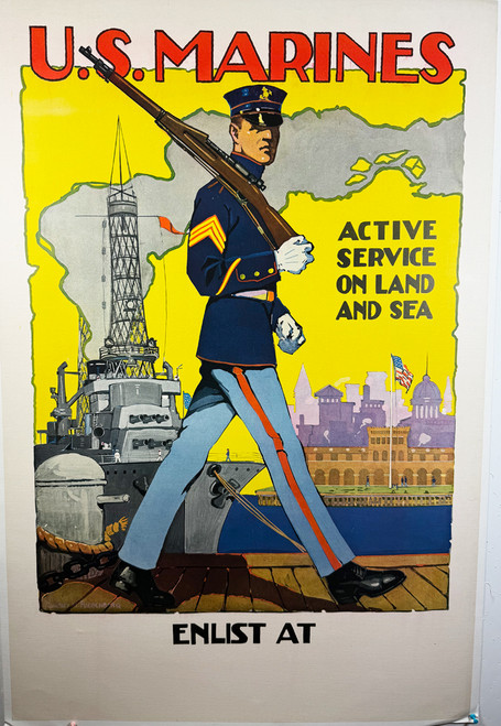 US Marines Active Service on Land & Sea 'Walking John' by Sidney Riesenberg 1917 USA original stone lithograph on linen antique poster