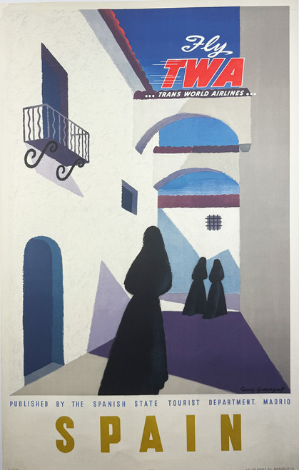 TWA Spain by Guy Georget 1950 USA original lithograph on linen vintage poster