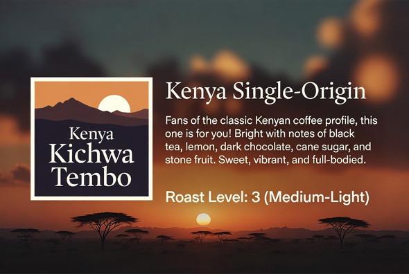 Kenya Kichwa Tembo — a classic Kenyan profile with bright notes of black tea, lemon, dark chocolate, cane sugar, and stone fruit. Sweet, vibrant, and full-bodied medium-light roast (Level 3) from Old Crown Coffee.