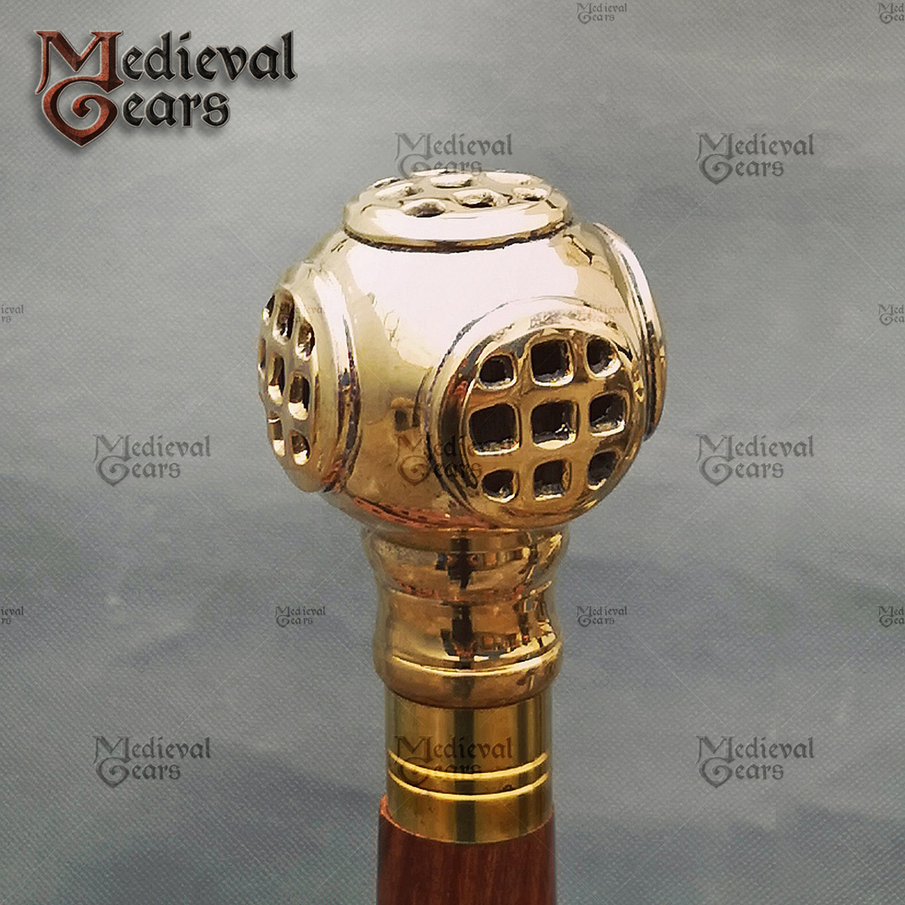 Nautical Diver's Helmet Walking Stick Cane Brass Handle Diving