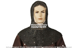 Black Medieval Chainmail Coif Head Neck Protector Round Ring Round Riveted SCA