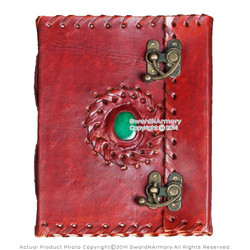 Medieval Renaissance Leather Journal Diary Notebook Notepad w/Lock & Green Stone