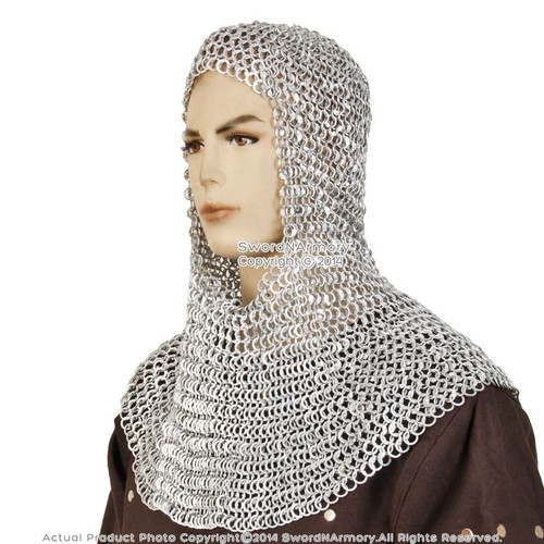Medieva Aluminum Chainmail Coif w/ Aventail Round Ring Round Riveted L Size LARP