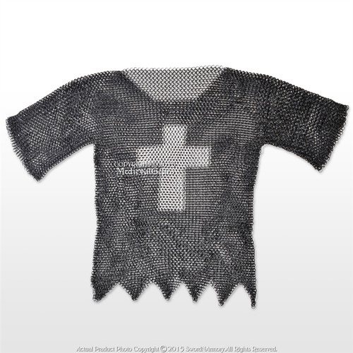 Black X-Large Medieval Chainmail Shirt Steel Butted Half Sleeve w/ Templar Cross