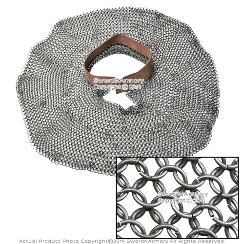 Medieval Chainmail Aventail Neck Protector w/ High Tensile Rings Leather Collar
