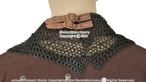 9 MM Chainmail Aventail Neck Protector w/ High Tensile Rings Leather Collar 