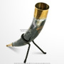 Genuine Cow Drinking Horn with Burnt Effect, Brass Fittings and Iron Stand