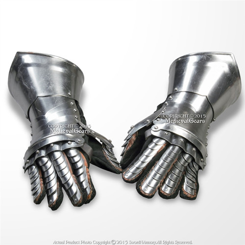 Medieval Steel Gothic Gauntlets with brass decor and leather gloves inside movable functional finger for LARP /& re-enactment use.