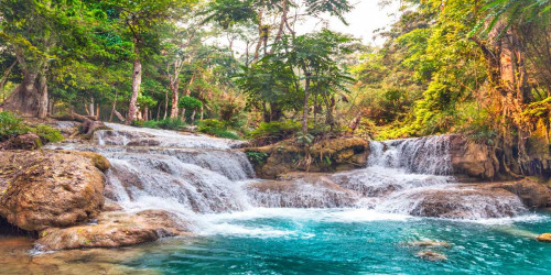 Pangea Images Kuang Si Falls, Luang Prabang, Laos Paesaggio cm84X171 Immagine su CARTA TELA PANNELLO CORNICE Orizzontale