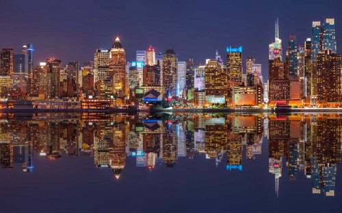 Frank Assaf Illuminato skyline di Manhattan al crepuscolo   New York City Costiero cm84X135 Immagine su CARTA TELA PANNELLO CORNICE Orizzontale