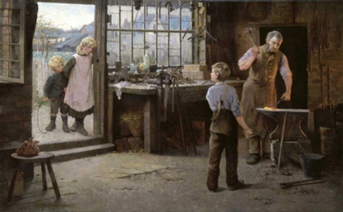Bannerman Hamlet Il suo primo giorno di lavoro   Apprendista Bambino con Blacksmith Arte per bambini cm61X100 Immagine su CARTA TELA PANNELLO CORNICE