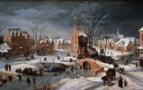 Bruegel Pieter the Younger Scena di inverno con ghiaccio pattinatori e uccelli Paesaggio cm64X100 Immagine su CARTA TELA PANNELLO CORNICE Orizzontale