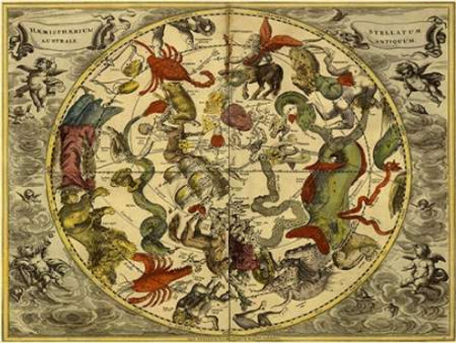 Cellarius Andreas Mappe del cielo: Haemisphaerium Sud Vecchio Stars museo cm68X91 Immagine su CARTA TELA PANNELLO CORNICE Orizzontale