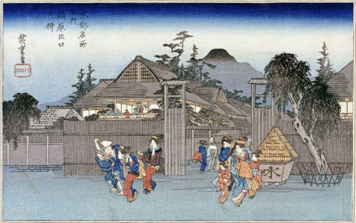 Hiroshige A. Willow All'uscita di Shimabara Figurativo cm57X91 Immagine su CARTA TELA PANNELLO CORNICE Orizzontale