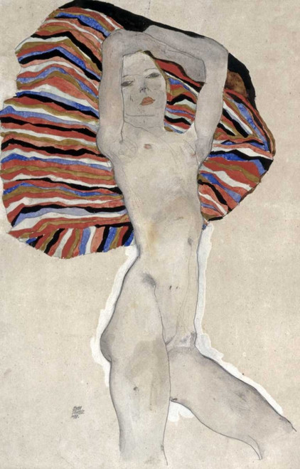 Schiele Egon Mädchenakt contro stoffa colorata, 1911 Astratto cm100X64 Immagine su CARTA TELA PANNELLO CORNICE Verticale