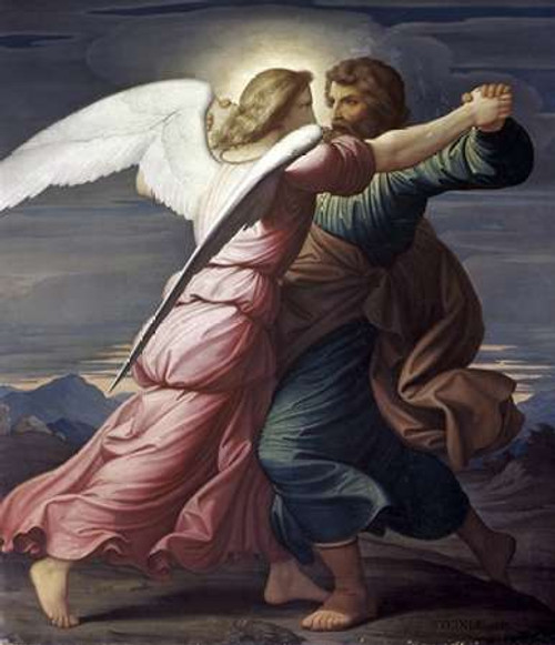 Steinle Edward Jakob Giacobbe lotta con un angelo museo cm84X73 Immagine su CARTA TELA PANNELLO CORNICE Verticale