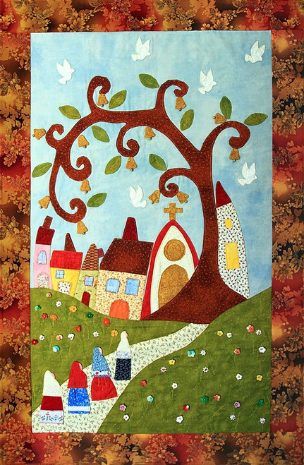 anonymous Paese Patchwork con l'albero, la chiesa e le case Arte per bambini cm61X41 Immagine su CARTA TELA PANNELLO CORNICE Verticale