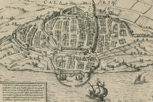 anonymous Antica Veduta della città mediterranea di Cagliari in Sardegna europeo cm89X132 Immagine su CARTA TELA PANNELLO CORNICE Orizzontale