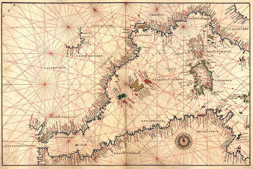 Stampa su tela Poster Agnese Battista Portolan o carta di navigazione del Mediterraneo occidentale da Gibilterra al Piemonte e alla Sardegna Annata O