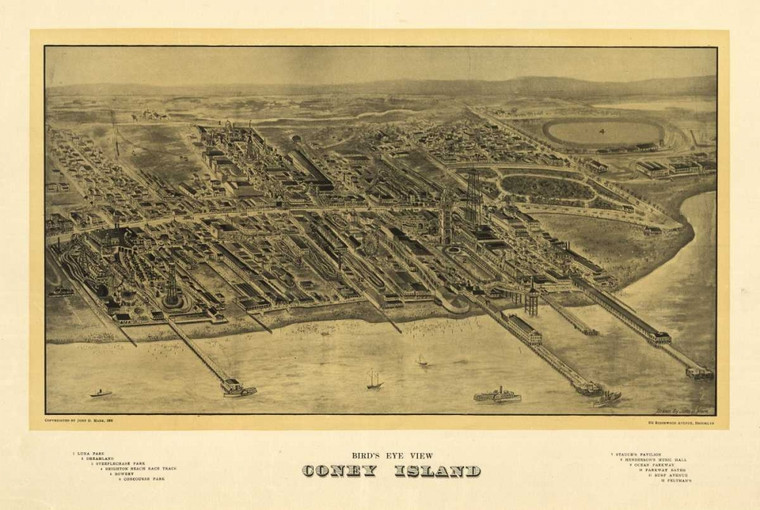 Harbick N. 1906 Coney Island Mappa Viaggio cm61X91 Immagine su CARTA TELA PANNELLO CORNICE Orizzontale