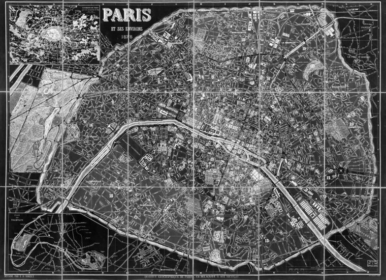 Carlson Tina Parigi Mappa BW europeo cm74X102 Immagine su CARTA TELA PANNELLO CORNICE Orizzontale