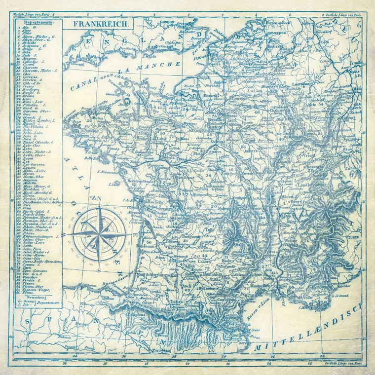 Grey Jace Francia Blu Mappe cm77X77 Immagine su CARTA TELA PANNELLO CORNICE Quadrata