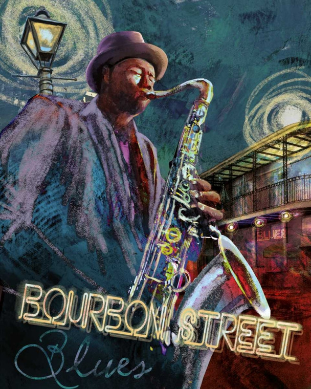 Knutsen Conrad Bourbon St. Blues Musica cm91X73 Immagine su CARTA TELA PANNELLO CORNICE Verticale