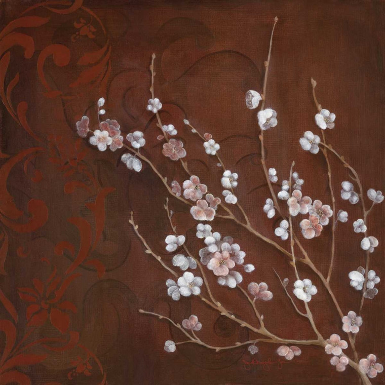 Tava Studios Cherry Blossoms on Cinnabar I Floreale cm73X73 Immagine su CARTA TELA PANNELLO CORNICE Quadrata